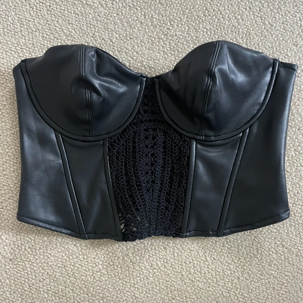 Zara Black Faux Leather Crochet Bustier CORSETRY Crop Top Small